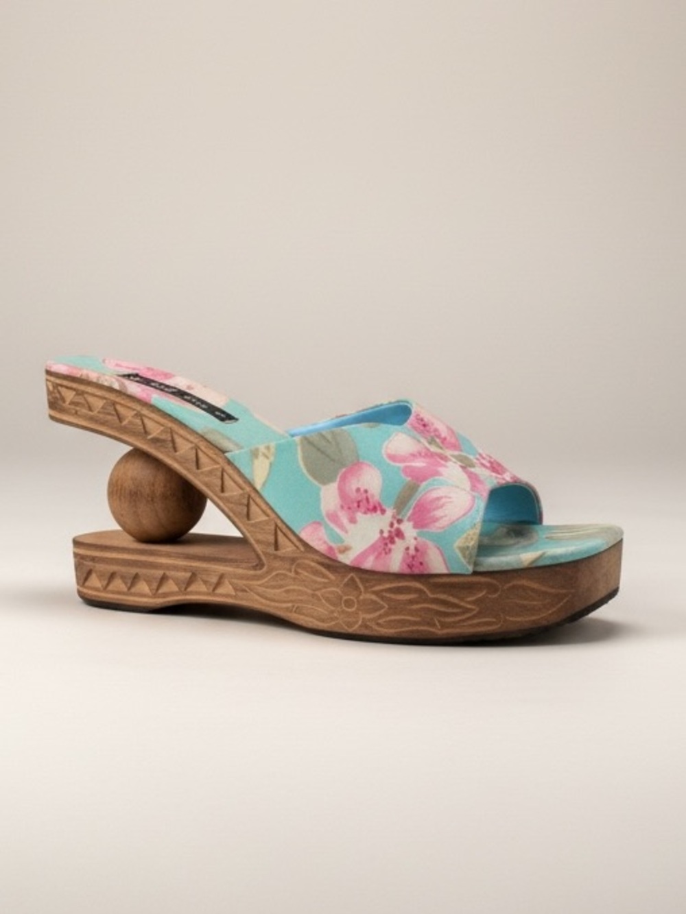 Cha Cha Floral Print Blue and Pink Sandal with Sculpted Wood Heel